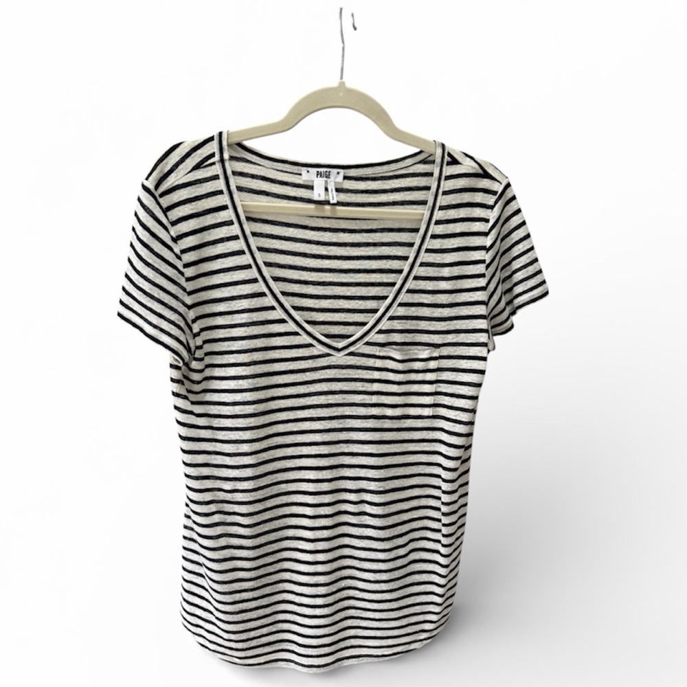 Paige Navy  and White Striped Women's V Neck Tshirt size Small